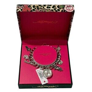 Ed Hardy Women's Tattoo Design Silver Charm Bracelet Round Watch NWT